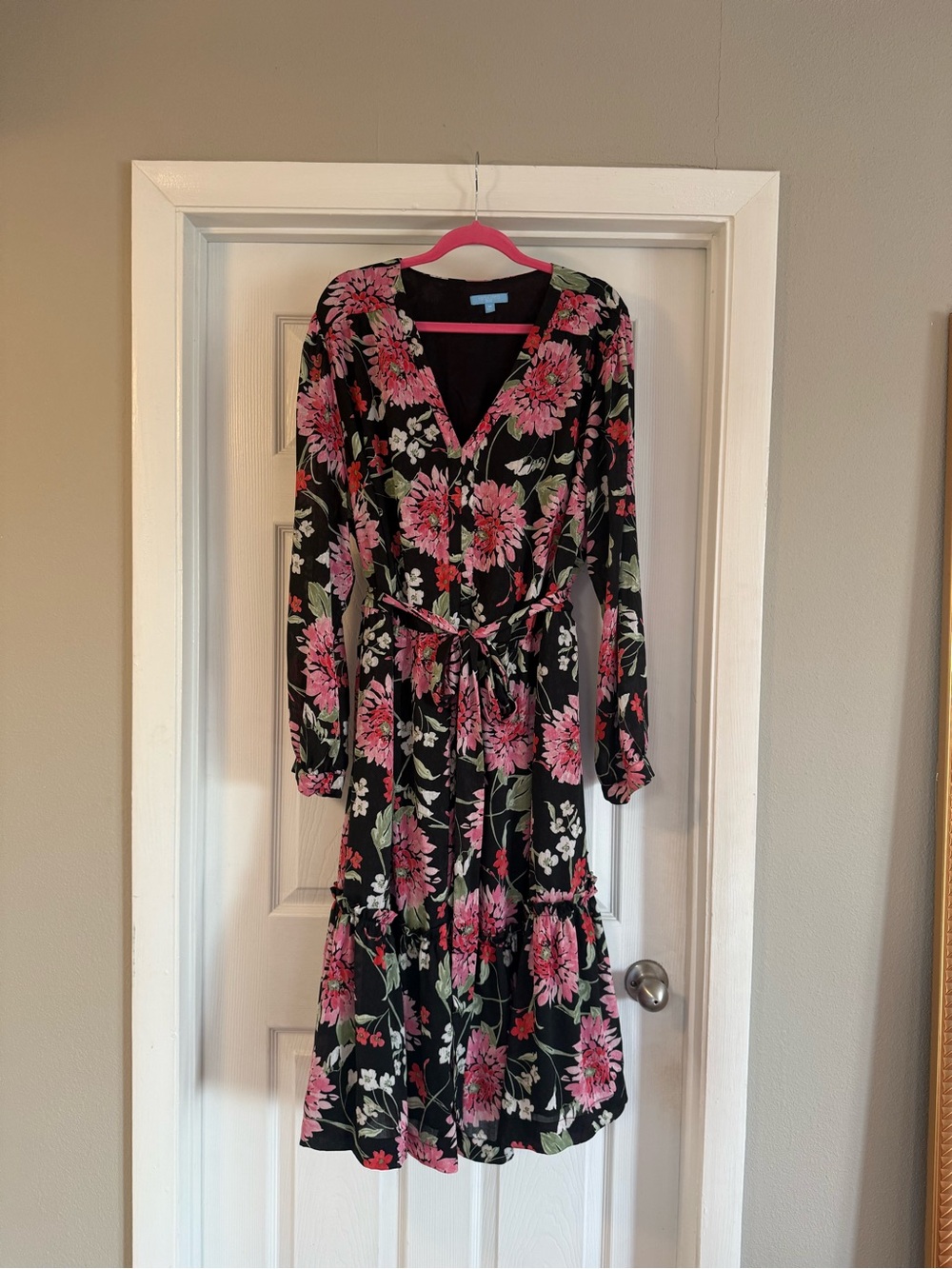 Draper James, 3X, Women’s Black Floral Wrap Dress with Pink Blooms